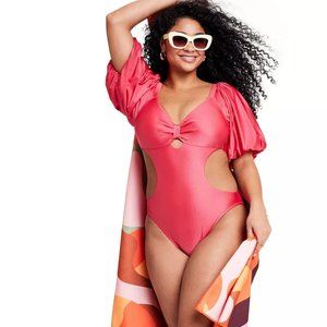 FE NOEL X TARGET Metallic Puff Sleeve Cut Out One Piece Swimsuit - Pink - NEW